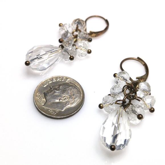 Vintage Clear Crystal Beaded Cluster Lever-back Earrings, 1 3/4 Inches - Picture 3 of 5
